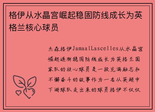 格伊从水晶宫崛起稳固防线成长为英格兰核心球员